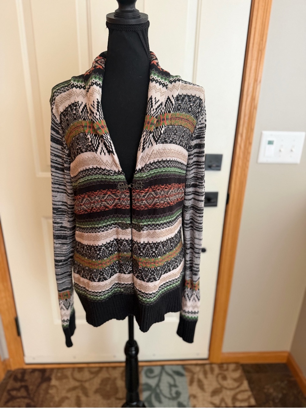 Women’s cotton blend southwest fair isle earth tone shawl collar cardigan.Large